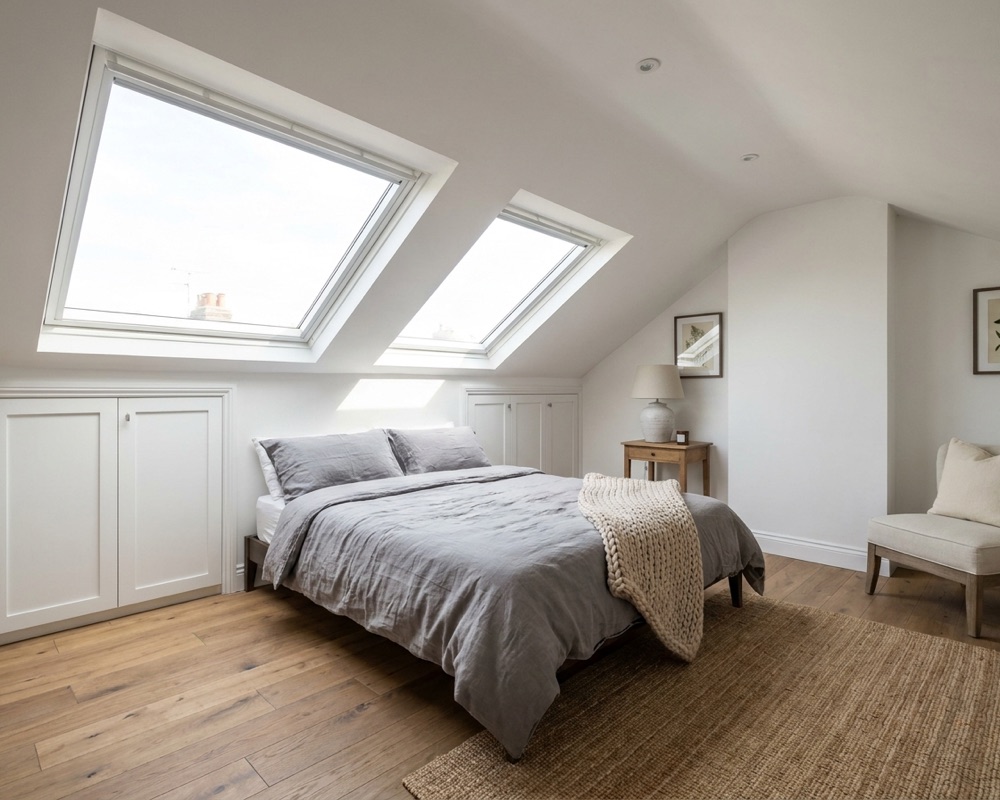 Finished loft conversion double bedroom with Velux rooflights and oak flooring in Basingstoke