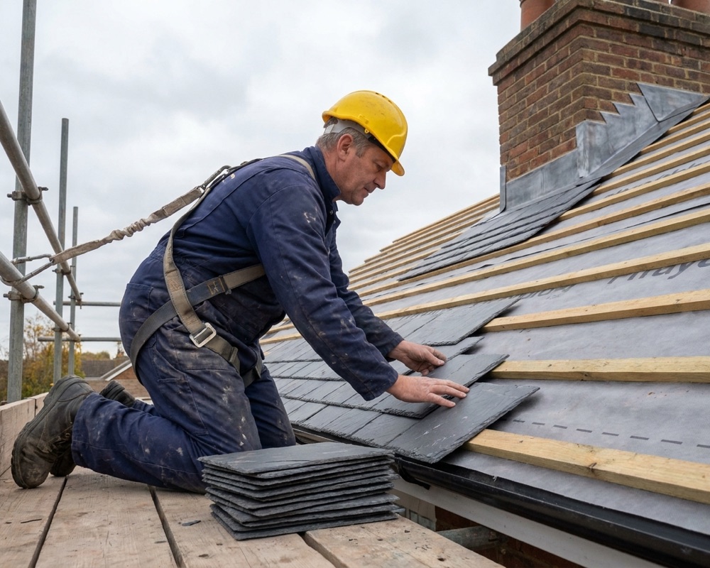 Blue Finch roofer fitting new grey slate tiles to a pitched roof in Basingstoke