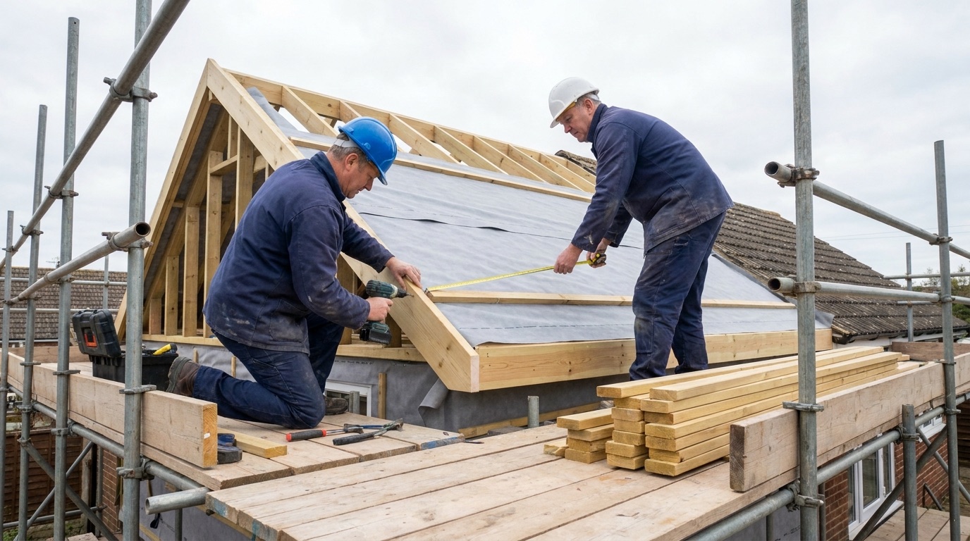Two builders installing new roof timbers and membrane on scaffolding in Hampshire